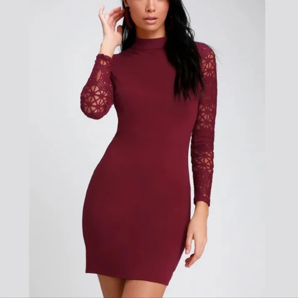 LULU'S Lace Up Your Sleeve Burgundy Lace Long Sleeve Bodycon Mock Neck Dress